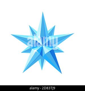 Crystal star with sparkling facets. Shimmering star snowflake made of blue crystals isolated in white background. Vector illustration in cartoon style Stock Vector