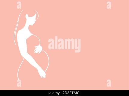 Pregnancy and motherhood, line drawing, sketch, logo, symbol. Pregnant woman, white logo on a pink background. Template for design with copy space. Isolated vector illustration Stock Vector