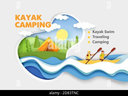 Paper cut tent on river bank, male characters paddling using oars in kayak boat. Vector illustration in paper art style. Stock Vector