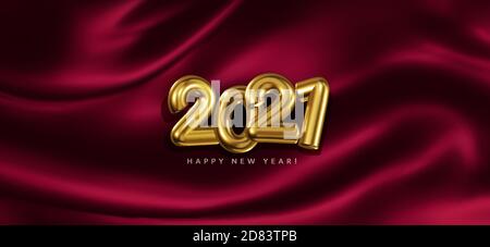 Vector festive banner with volumetric golden numbers 2021 on the background of folds of  red satin fabric. Realistic New Year background for the new 2 Stock Vector