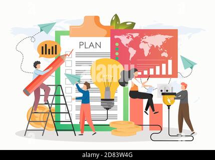 Tiny office people making mark in business plan with giant pencil, launching paper plane, flat vector illustration. Stock Vector