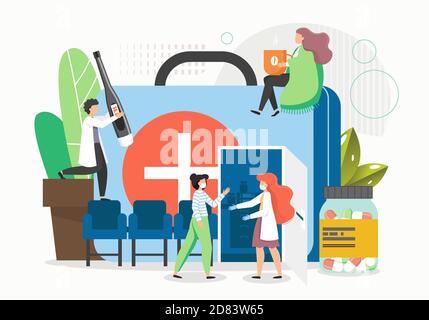 Patients feeling sick visiting doctor office, waiting in queue, flat vector illustration. Stock Vector