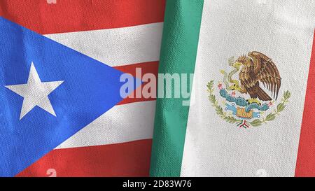 Mexico and Puerto Rico two flags textile cloth 3D rendering Stock Photo