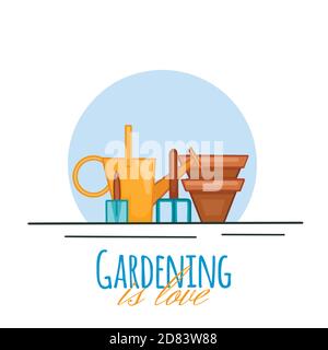 Gardening is love. Contour illustration of gardening tools. Watering can, shovel, rake, pots and lettering. An active hobby in nature. Vector colored Stock Vector
