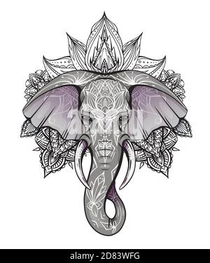 Contour color native elephant head with trunk, tusks and boho ornaments. Ganesha head with mandala. Vector silhouette for print on t-shirt, cards, ban Stock Vector