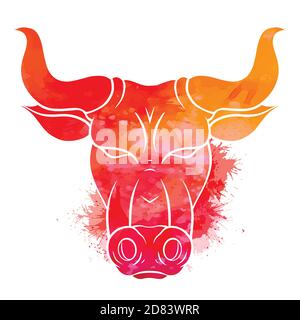 Red silhouette of a bull head with watercolor splashes. The symbol of the new year 2021. Buffalo with horns. Vector colorful illustration of animal he Stock Vector