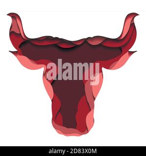 Red silhouette of a bull head with paper cut layers. The symbol of the new year 2021. Buffalo with horns. Vector colorful illustration of animal head Stock Vector