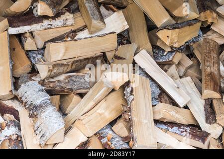 Detail of a birch firewood heap Stock Photo