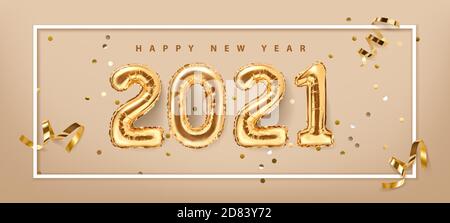 2021 golden decoration holiday on beige background. Shiny party background. Gold foil balloons numeral 2021 with realistic festive objects,, glitter Stock Vector
