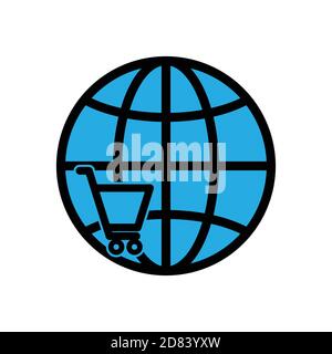 Online shopping flat icon. Shopping cart icon and earth. Design template vector Stock Vector