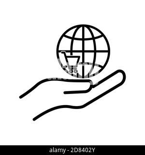 Online shopping line icon. Hand icon, Shopping cart and earth. Design template vector Stock Vector