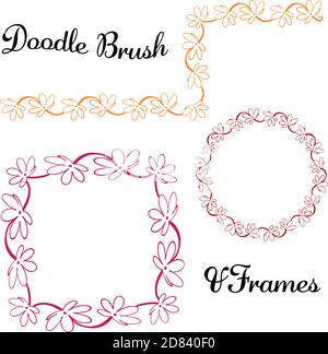 Vector round and square frames and hand drawn brush for them. Vector isolated illustration. Brush is included in eps. Stock Vector