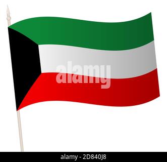Vector Waving flag on a flagpole. The national flag of Kuwait. Color symbol isolated on white. Stock Vector