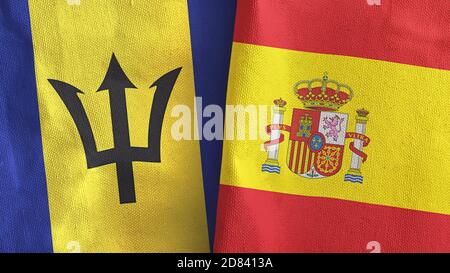 Spain and Barbados two flags textile cloth 3D rendering Stock Photo