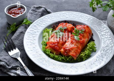 Stuffed cabbage. Stuffed cabbage rolls with rice and meat. Close up. Copy space. Stock Photo