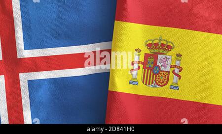Spain and Iceland two flags textile cloth 3D rendering Stock Photo