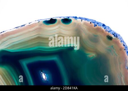 Blue bands of agate crystal cross section. High quality macrophotography.  Stock Photo