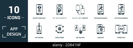 App Design icon set. Monochrome sign collection with custom app, agile methodology, app api, app testing and over icons. App Design elements set. Stock Vector