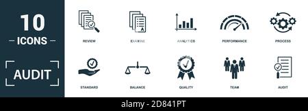 Audit icon set. Monochrome sign collection with review, examine, analytics, performance and over icons. Audit elements set. Stock Vector