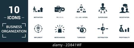 Business Organization icon set. Monochrome sign collection with motivation, process, collaboration, supervisor and over icons. Business Organization Stock Vector