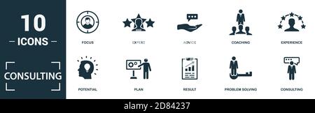 Consulting icon set. Monochrome sign collection with focus, expert, advice, coaching and over icons. Consulting elements set. Stock Vector