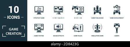 Game Creation icon set. Monochrome sign collection with mobile game, action game, sport game, racing game and over icons. Game Creation elements set. Stock Vector