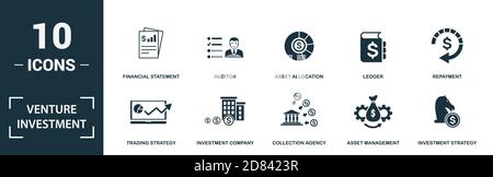 Venture Investment icon set. Monochrome sign collection with contribution, bootstrapping, regression, abatement and over icons. Venture Investment Stock Vector