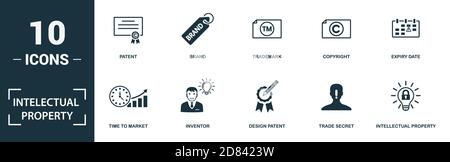 Intellectual Property icon set. Monochrome sign collection with patent, brand, trademark, copyright and over icons. Intellectual Property elements set Stock Vector