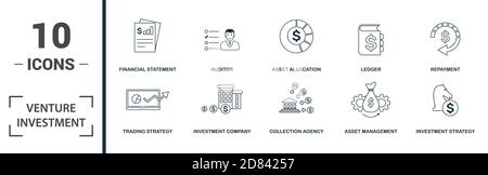 Venture Investment icon set. Monochrome sign collection with contribution, bootstrapping, regression, abatement and over icons. Venture Investment Stock Vector
