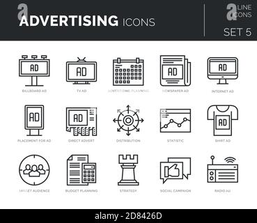 Collection of modern thin line icons set of advertising elements. Stock Vector