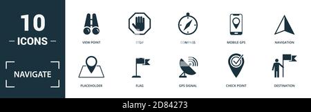 Navigate icon set. Monochrome sign collection with map location, geolocation, address, wind rose and over icons. Navigate elements set. Stock Vector