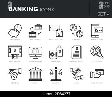 Collection of modern thin line icons set of banking and finance elements. Stock Vector