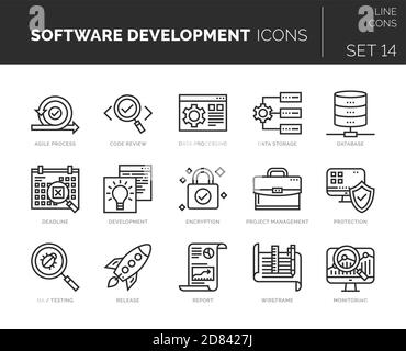 Set of vector software development icons. Icons are in flat / line design with elements for mobile concepts and web apps. Collection of modern infogra Stock Vector