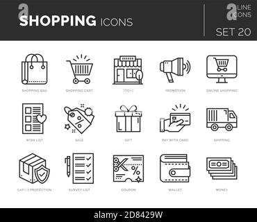 Set of vector shopping icons. Icons are in flat / line design with elements for mobile concepts and web apps. Collection of modern infographic logos a Stock Vector