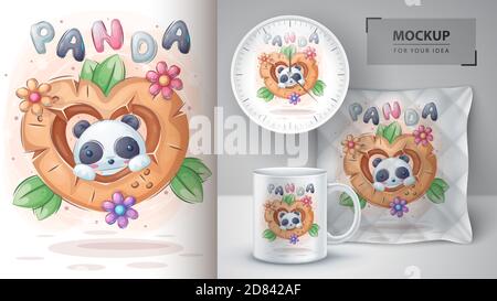 Cute panda in wood heart - poster and merchandising. Stock Vector