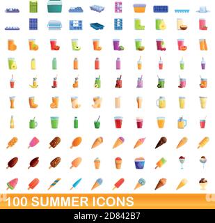 100 summer icons set. Cartoon illustration of 100 summer icons vector set isolated on white background Stock Vector