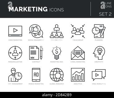 Collection of modern thin line icons set of marketing elements. Stock Vector