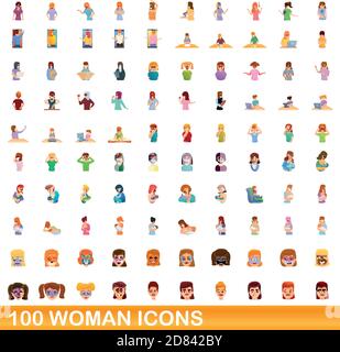 100 woman icons set. Cartoon illustration of 100 woman icons vector set isolated on white background Stock Vector