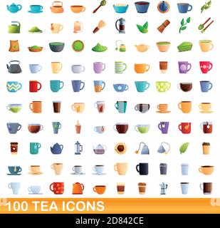 100 tea icons set. Cartoon illustration of 100 tea icons vector set isolated on white background Stock Vector