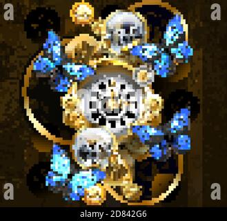 Composition of round steampunk clock with black Roman numeral dial, decorated with gold and brass gears, blue Morpho butterflies and damaged lenses on Stock Vector