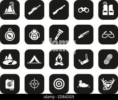 Hunting & Hunting Equipment Icons White On Black Flat Design Set Big Stock Vector