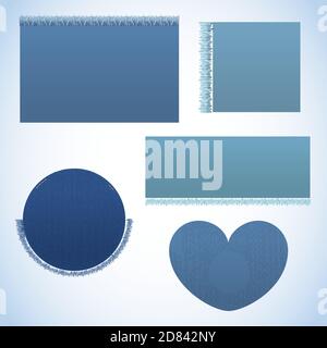 Vector set of realistic banners of jeans. Realistic denim banner with texture and fringe. Stock Vector