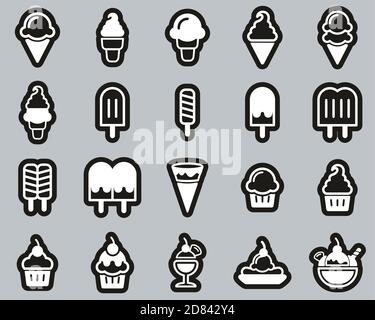 Ice Cream Icons White On Black Sticker Set Big Stock Vector