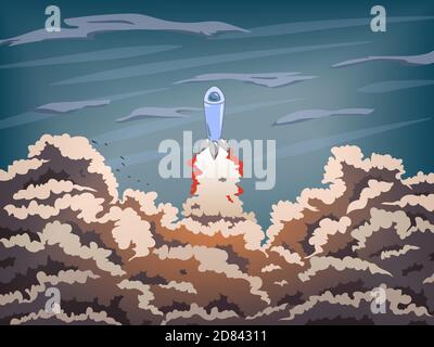 Rocket taking off in sky, vector illustration Stock Vector