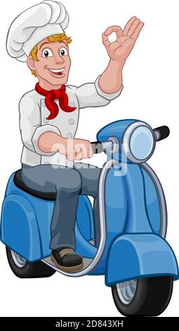 Chef Moped Scooter Food Delivery Man Cartoon Stock Vector