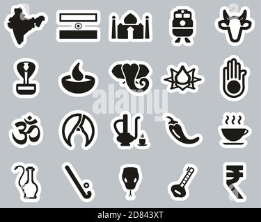 India Country & Culture Icons Black & White Sticker Set Big Stock Vector