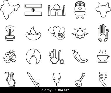 India Country & Culture Icons Black & White Thin Line Set Big Stock Vector