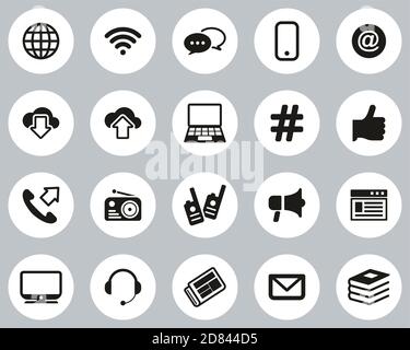 Information Channel Icons Black & White Flat Design Circle Set Big Stock Vector
