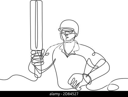 Continuous line drawing illustration of a cricket batsman holding up bat viewed from front done in sketch or doodle style.   SVG can be used for banne Stock Vector