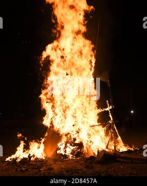 Beawar, Rajasthan, India, Oct 25,2020: An effigy of Hindu demon king Ravana burns during Dussehra festival in Beawar. Photo: Sumit Saraswat Stock Photo